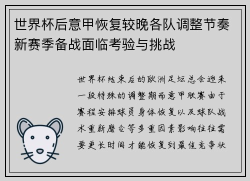 世界杯后意甲恢复较晚各队调整节奏新赛季备战面临考验与挑战